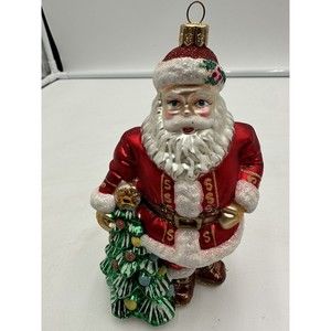 IMPULS POLAND MOUTH BLOWN HAND PAINTED GLASS SANTA Christmas Ornament 6.5” Tall